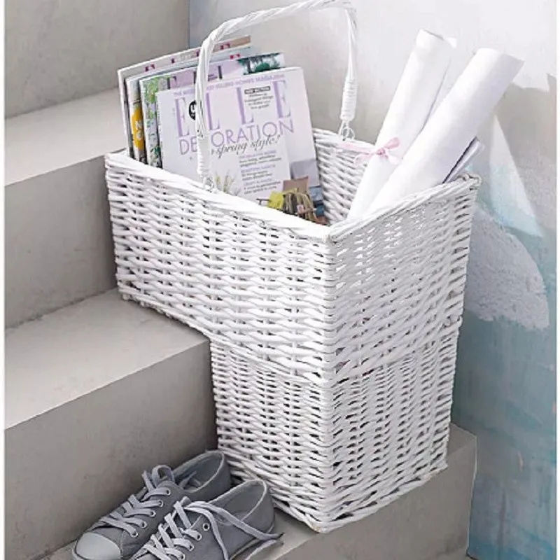 New White Woven Wicker Stair Step Basket Laundry Organizer Cosmetic Box with Handle Container Storage Clothes Children Toys Home