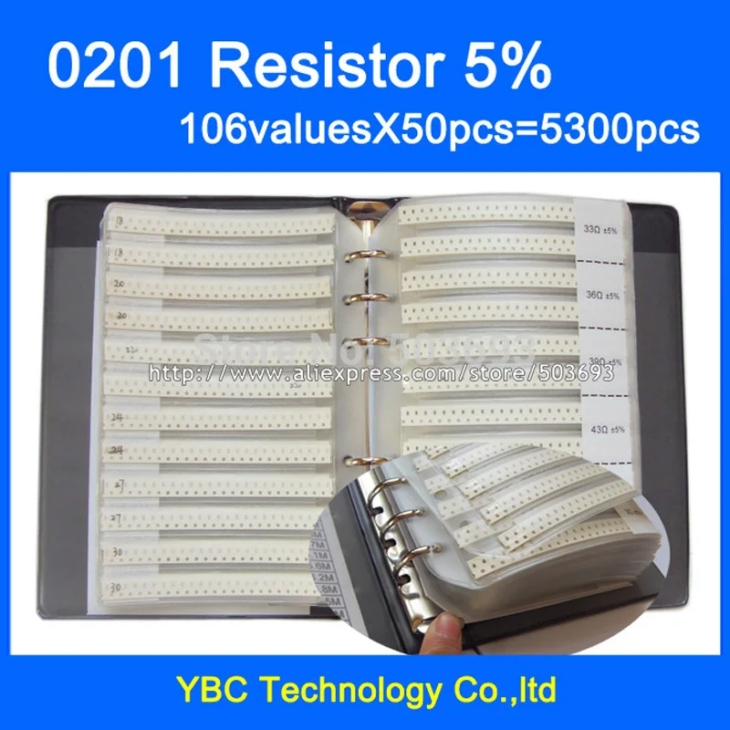 

Free shipping 0201 SMD Resistor 1/16W Sample Book 5% Tolerance 106valuesx50pcs=5300pcs Resistor Kit 0R~1.5M