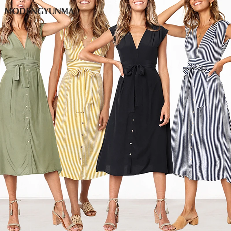 

Sleeveless Shirt Dress Summer Cotton Boho Beach Dresses Women Casual Striped Print A-line Midi Party Dress Vestidos Office Dress