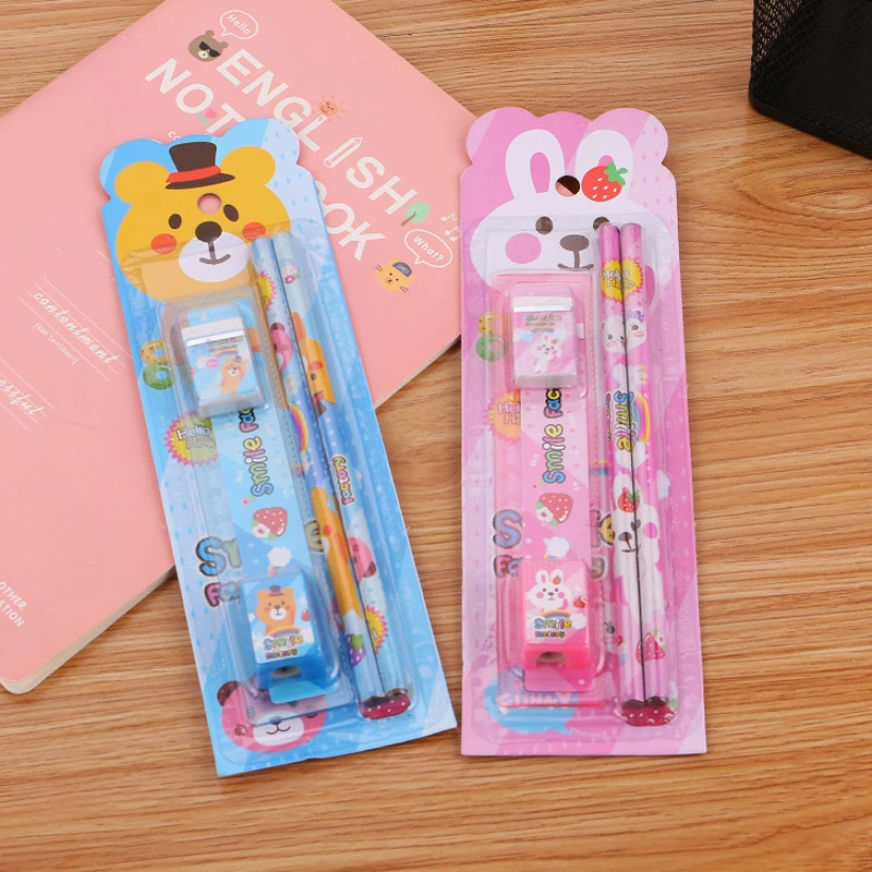 

1set 5pcs Cartoon Cartoon Rabbit Bear HB Wooden Pencil + Eraser Sharpener Ruler Stationery Student Writing Pencil Set Kids Gift