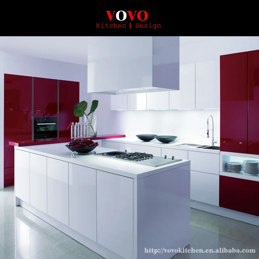 Free Standing Kitchen Cabinets In Gloss White And Red Color