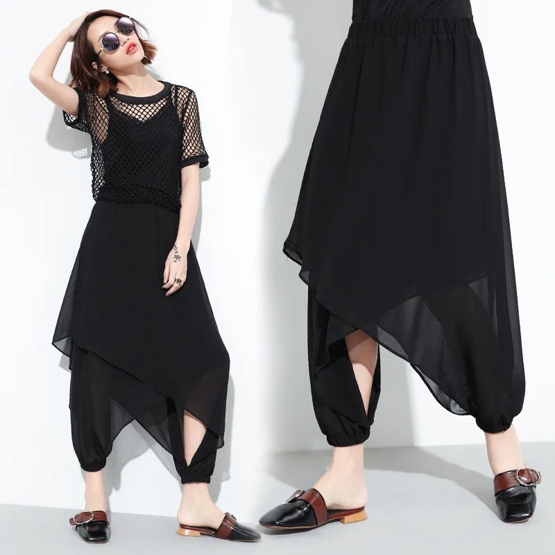 

Chiffon Culottes Female Summer 2018 New Loose Fake Two Pieces of Irregular Nine Points Big Trousers Skirt Mesh Harem Pants Women
