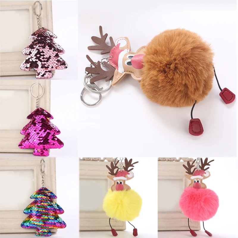 

2018 NEW Glitter sequin key chain Christmas tree antler Santa Halloween party gift Circle key chain