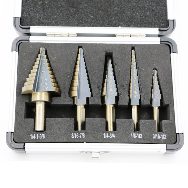 HSS Step Drill Bit Cobalt Alloy Titanium Coat Bits Triangular Round Shank Metal Multiple Inch Drilling Set Hole Cutter 5in1 Case HSS Step Drill Bit Cobalt Alloy Titanium Coat Bits Triangular Round Shank Metal Multiple Inch Drilling Set Hole Cutter 5in1 Case