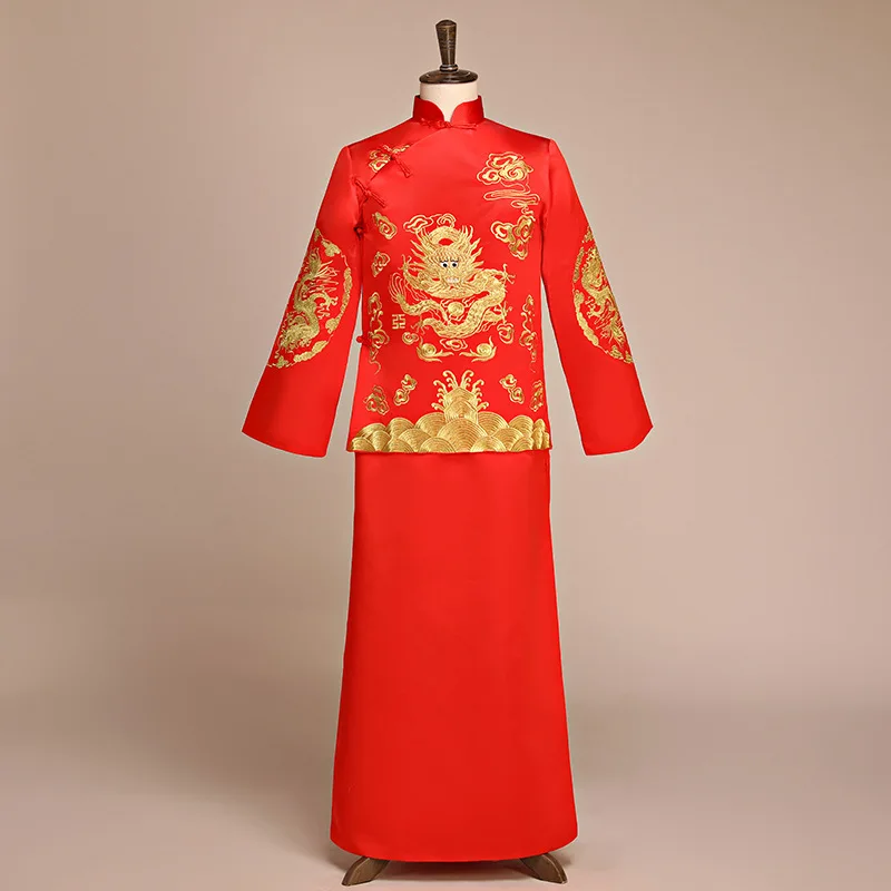 Традиционный китайский Жених Свадебный костюм красный Восточный для мужчин брак Тан Классический Дракон вышивка халат+ пальт
