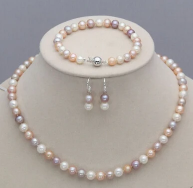 

Jewelry 001349 Genuine 7-8mm White Pink Purple Freshwater Pearl Necklace Bracelet Earrings Set (A0423)