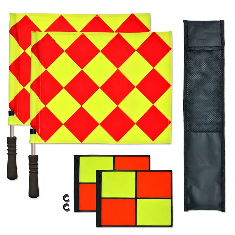 

1pair Soccer Linesman Referee Flags Red Yellow Checkered Offside Hand Flags for Soccer Football Match with Stainless Steel Rods