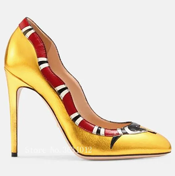 

2019 Fashion Snake Border Black Leather Women Pumps High Heels Sexy Gold Red Slip On Brand Design Shoes Woman