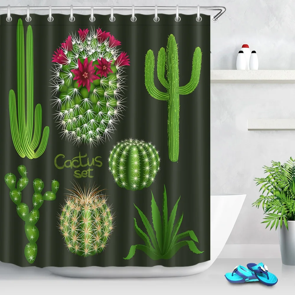 Shower Curtain Cactus Print Polyester Waterproof Bathroom Fabric With 12 Hook