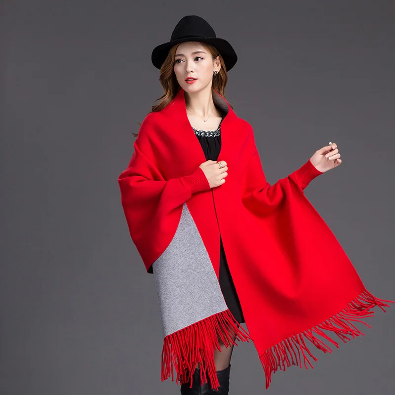 Рукав летучая мышь искусственный кашемир свитер кардиганы для женщин зимнее пончо женское Свободное пальто шерсть женские свитера женский пиджак шарфы - Цвет: Красный