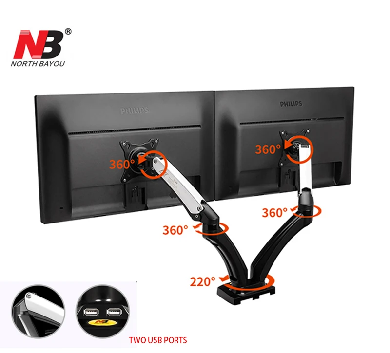 NB F180 алюминиевая газовая пружина полное движение 1"-27" двойной экран Настольная подставка для монитора зажима/втулки с двумя портами usb