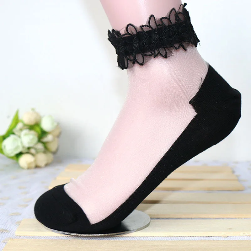 VISNXGI женские модные кружевные короткие носки с оборками, 1 пара, мягкие прозрачные шелковые эластичные сетчатые вязаные женские короткие черные носки с оборкой