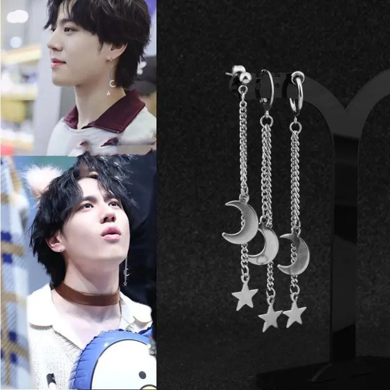 

Titanium Steel Moon and Star Tassel Dangle Pendant Drop Earrings Korean Jewelry