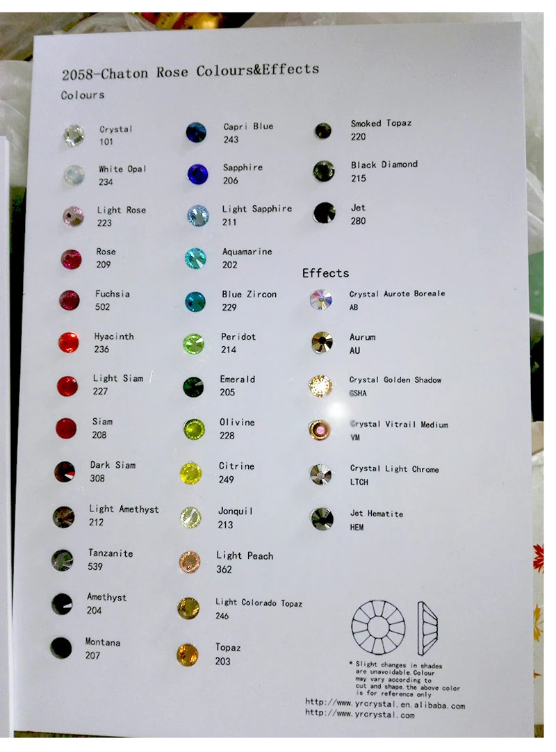 

YANRUO Flatback Non Hotfix (Hotfix) Rhinestone Color Chart Crystals Stones Color Card