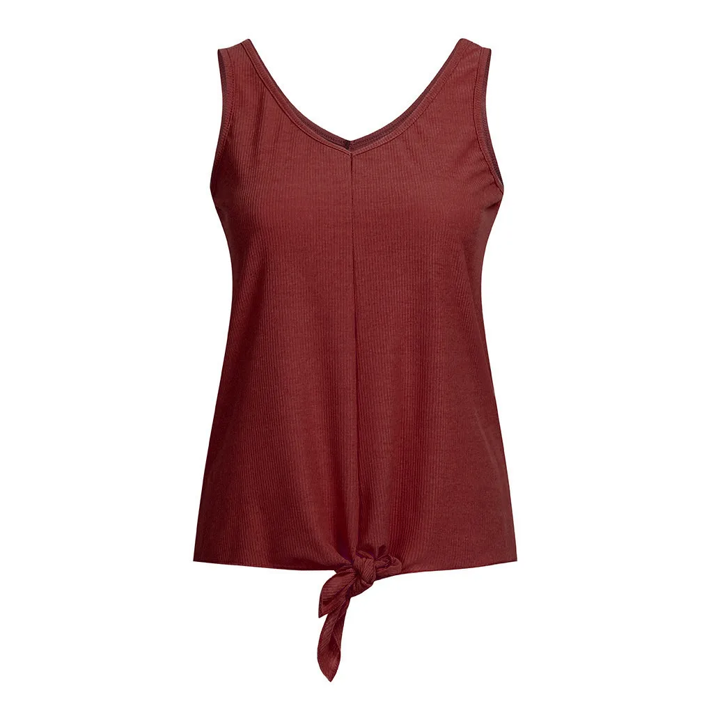 YOUYEDIAN женские топы Летняя мода с v-образным вырезом Повседневная безрукавка Soild Tie Up футболка Топы - Цвет: Wine