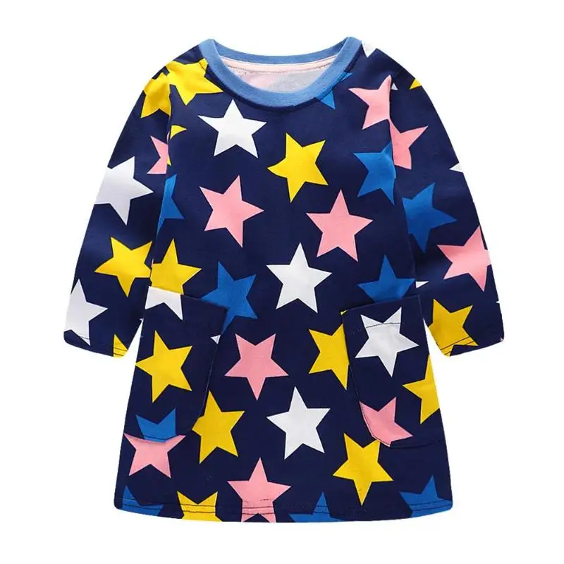 

Autumn Cute Stars Print Basic Cotton O-Neck Dress Girls Long Sleeve Clothes