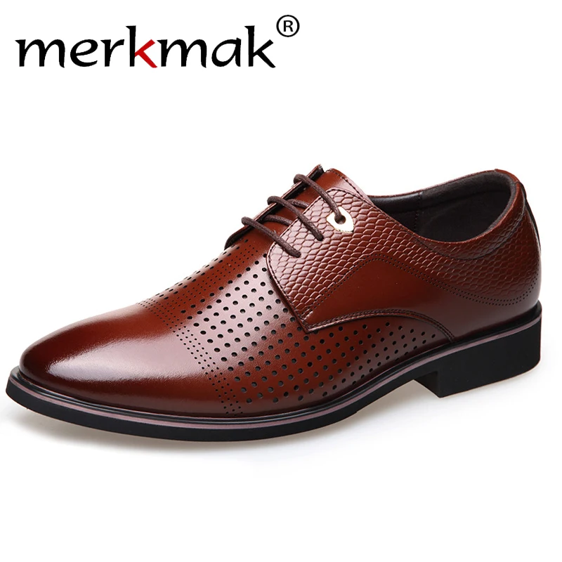 

merkmak Summer Fashion Formal Men Shoes Punch Lace Breathable Hollow Business Dress Shoes Genuine Leather Casual Sandals Oxfords