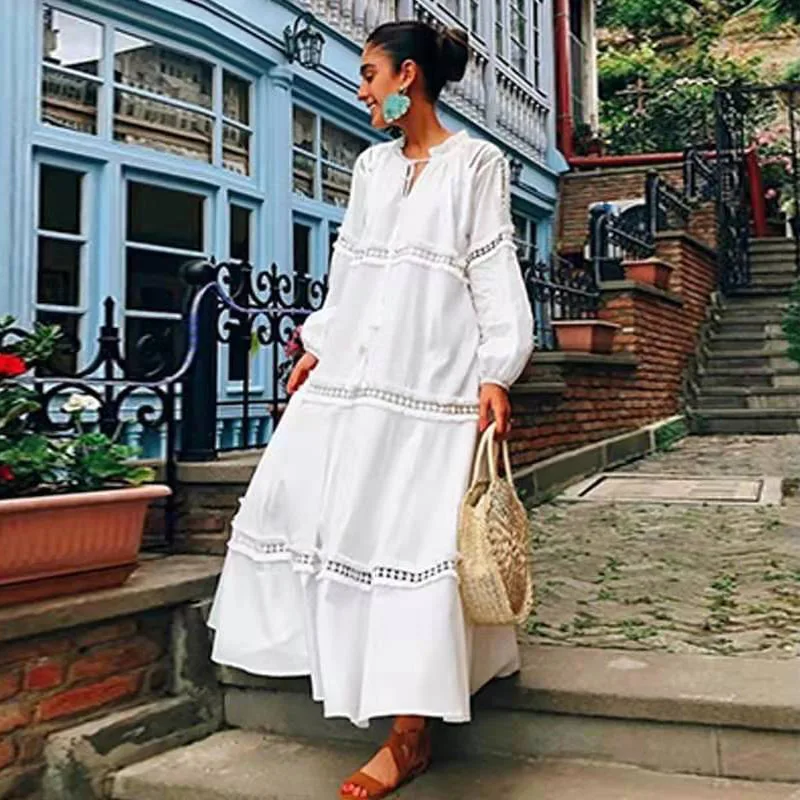 

Ladies Summer Casual Boho Maxi Dress Women Cotton Loose Shirt White Dress Lace Up Tassel Tunic Beach Dress Plus Size Cover Up