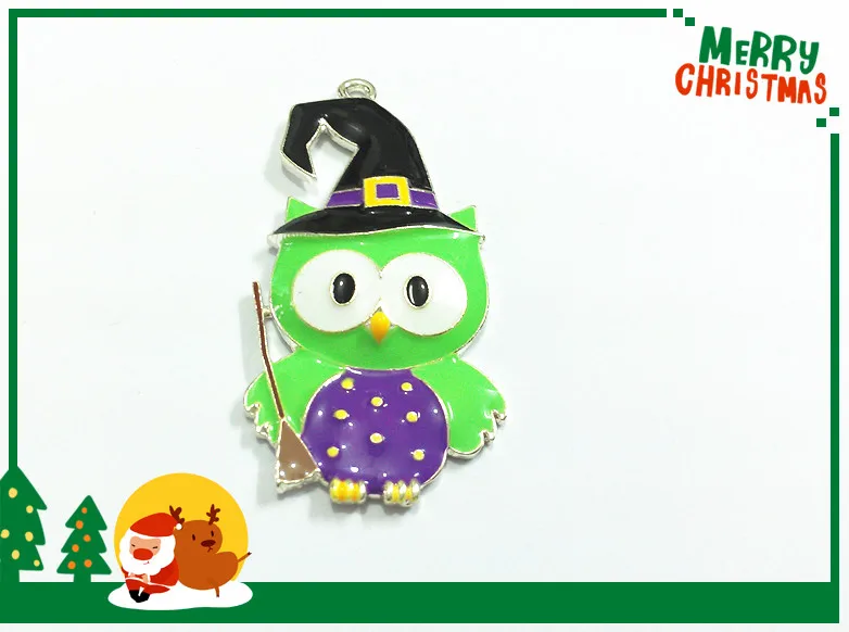 

Newest ! 54mm*26mm 10pcs/lot Silver Plated Owl With Broom All Enamel Pendants For Halloween Jewelry Making