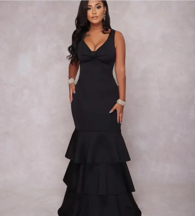 

Elegant Ruffles Pencil Dress Sleeveless V Neck Sexy Bodycon Maxi Dresses Plus Size Women Long Evening Party Dress Vestidos