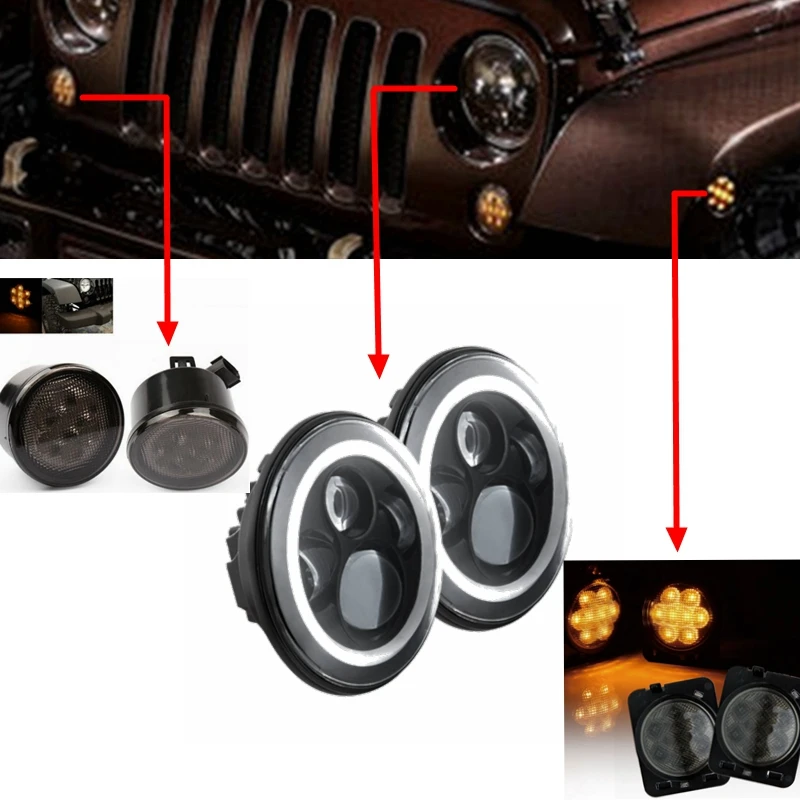 

High low beam 40W Amber/white Angel Eyes DRL turning light Headlight IP67 with 3w Front Grill Turn Indicator Signal Light