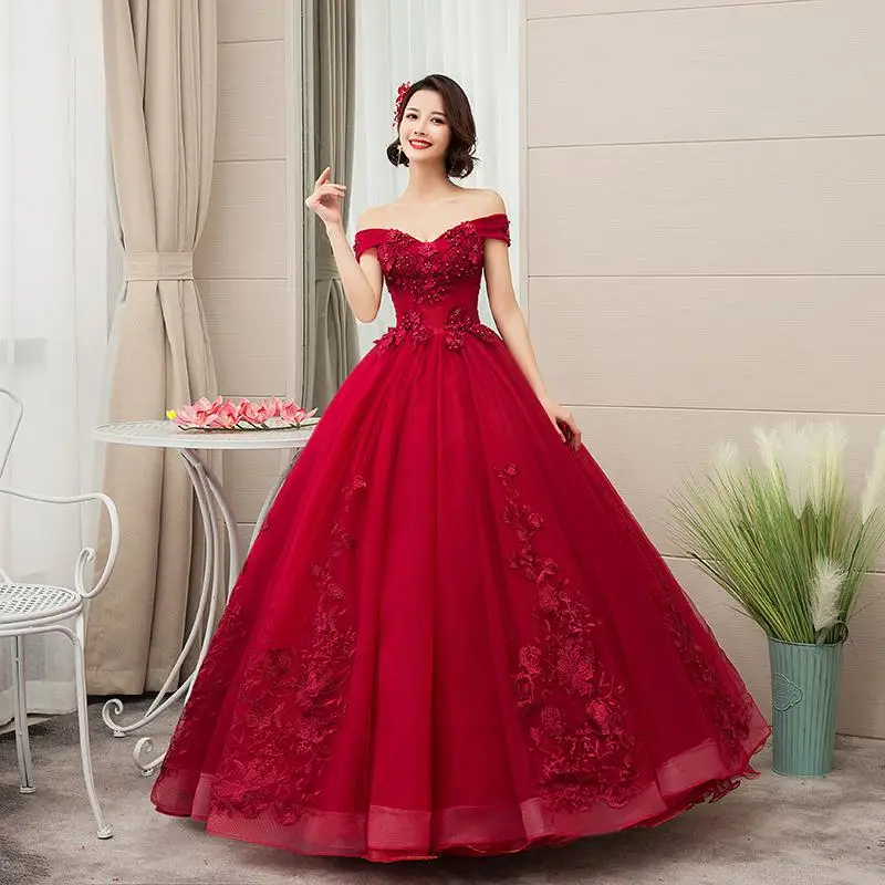 Do Dower New Pink Quinceanera Dresses Elegant Off The Shoulder Lace Applique Plus Size Party Prom Quinceanera Gown L - Цвет: Wine red