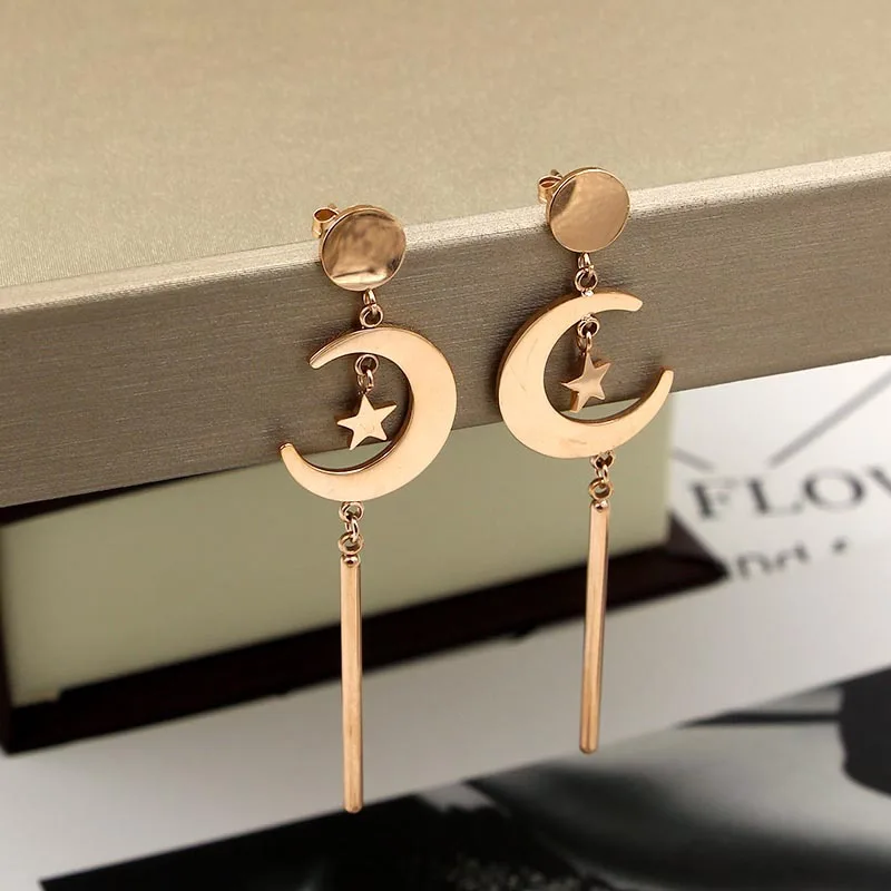 

Fashion Brand Rose Gold Color Stainless Steel Tassel Double Moon Star Chain Drop Earrings Woman Party Gift