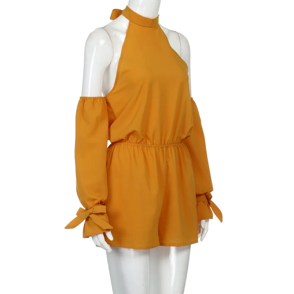 2017 летний женский сексуальный желтый однотонный комбинезон с лямкой на шее