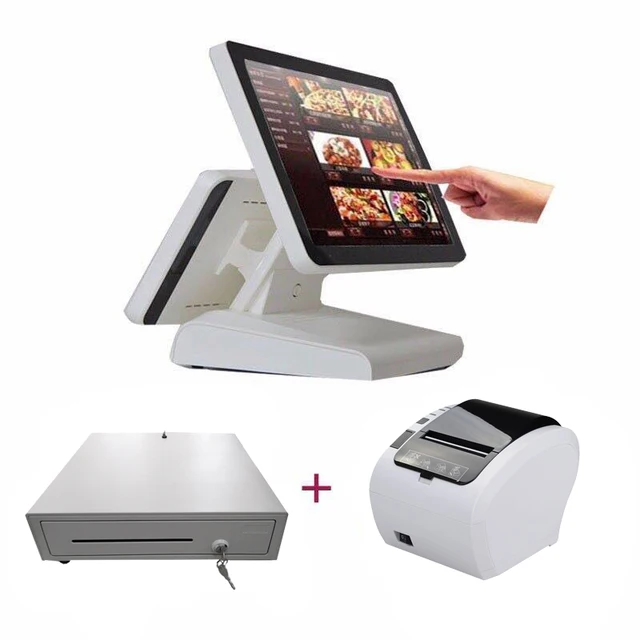 Best Price Free shipping dual-screen touch cash register 80mm thermal printer and 400mm POS cash drawer restaurant dedicated