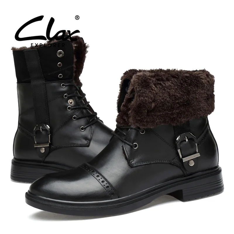 

CLAX Mens Winter Boots Plush Fur Warm Male Snow Shoes Genuine Leather Autumn Motorcycle Boot High top chaussure homme plus size