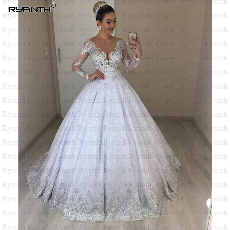 Vestido de noiva роскошное бальное платье свадебное платье сексуальное кружевное свадебное платье с длинными рукавами блестящее платье принцессы для свадьбы