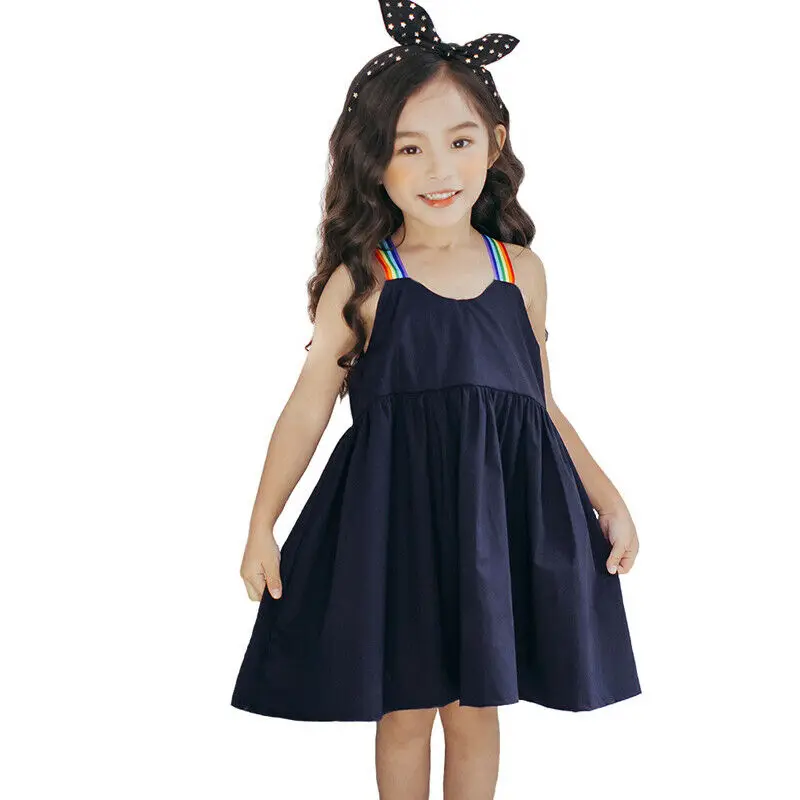 2019 Lovely Summer Kid Baby Girl Dress Pure Color Sleeveless Slip Party Princess Dresses Rainbow Strap New 1-6T | Детская одежда и