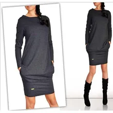 Autumn Winter Dresses 2018 Fashion Women Long Sleeve O-Neck Casual Pocket Dress Vestidos Plus Size Mini Sheath Work Office Dress