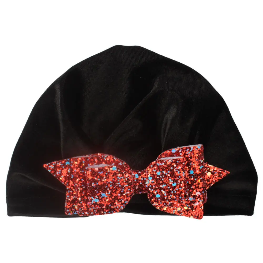 Новинка года; брендовые Детские головные уборы с бантами и пайетками для новорожденных мальчиков и девочек; бархатная Шапка-бини с пайетками; подарки - Цвет: Black Red