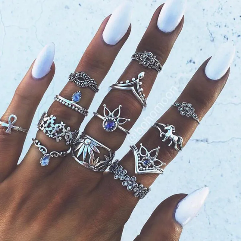 

Fashion Vintage Women Knuckle Rings Set Animal Plant Stone Flower Crystal Boho Geometric Bohemian Midi Finger Jewelry