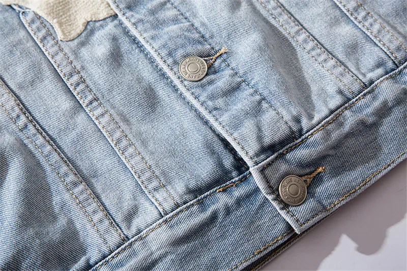 MORUANCLE Fashion Men Hi Street Denim Jackets Streetwear Jeans Trucker Jacket Outerwear Letter Printed Washed Blue Size M-XXL