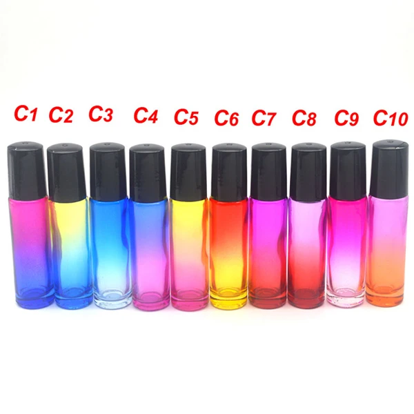1 шт 10 мл градиентная цветная стеклянная бутылка пустой ароматизатор эфирное масло 10cc роликовая бутылка черная пластиковая крышка - Цвет: Mix Random Color