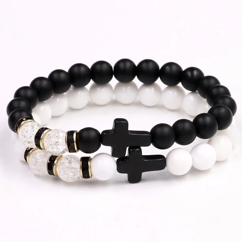 

Natural Cracked White Crystal With Black Stone Bracelet Men,Light White Stone With Cross Pendent Bangle For Women Jewelrs