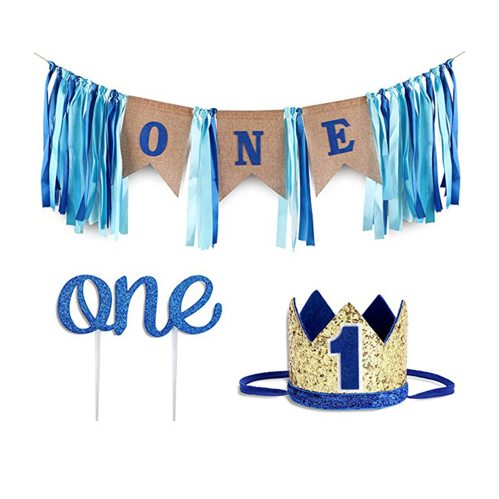 

High Chair Banner Set For Boy Girl Crown Cake Topper Birthday Decorations Blue Highchair Banner Set Colorful