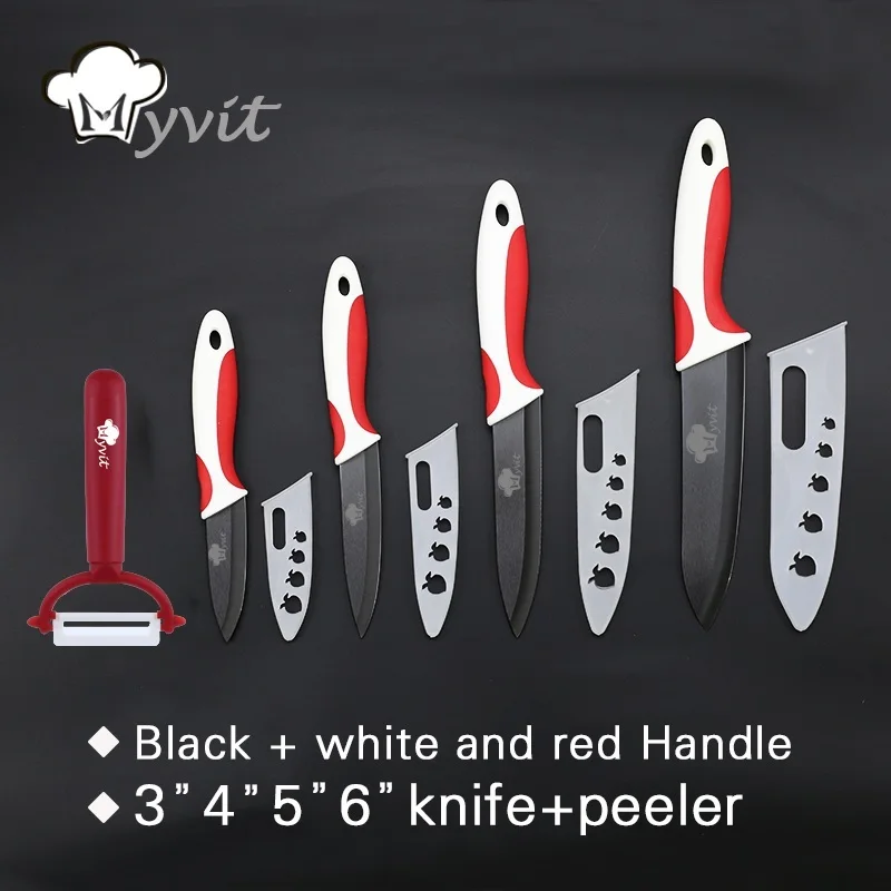 Керамический кухонный нож " 4" " 6" дюймов с овощечисткой и оболочкой черное лезвие шеф-повара нож для нарезки фруктов Vege набор кухонных ножей - Цвет: RED WHITE HANDLE
