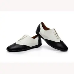 Настроены вручную из натуральной кожи Сальса обувь Для мужчин черный и белый Туфли для латинских танцев плоская подошва мальчика