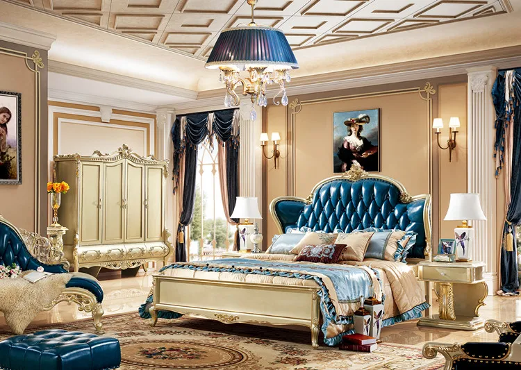 

European style Bed Velvet Tufted Headboard Wooden Classic King Bed