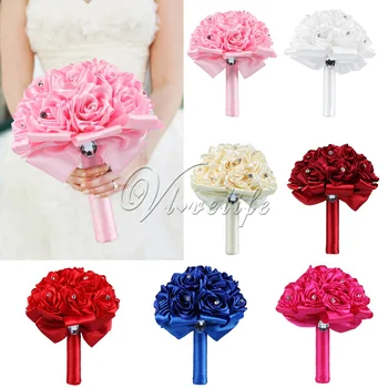 

High Quality Wedding Bouquet Brooch Artificial Satin Rose Flower Posy Rhinestone Bridal Bridesmaid Holding Flowers Wedding Decor