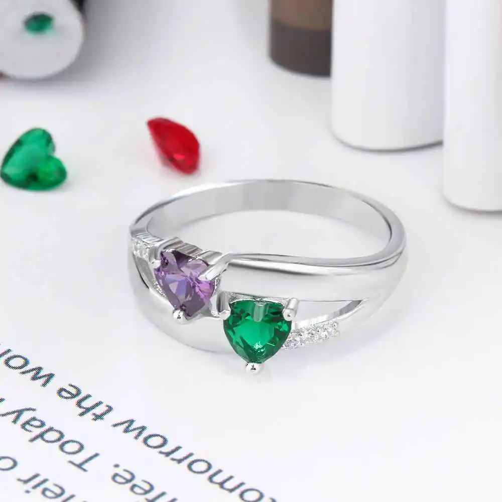 Double Heart Birthstone Ring Personalized Custom Engrave Names Promise Rings 925 Sterling Silver Jewelry (JewelOra RI103276)