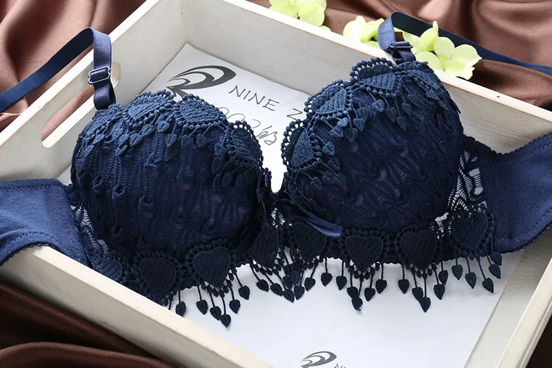 sexy lace tassle lingerie bra set - blue 4
