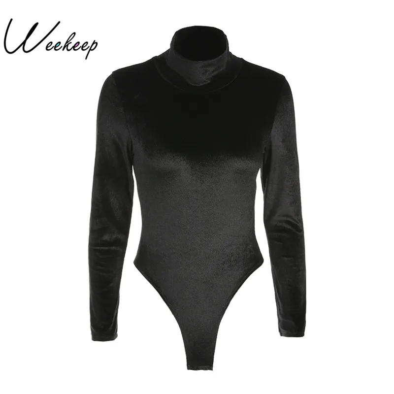 Weekeep Women Sexy Turtleneck Long Sleeve Bodysuit Velvet