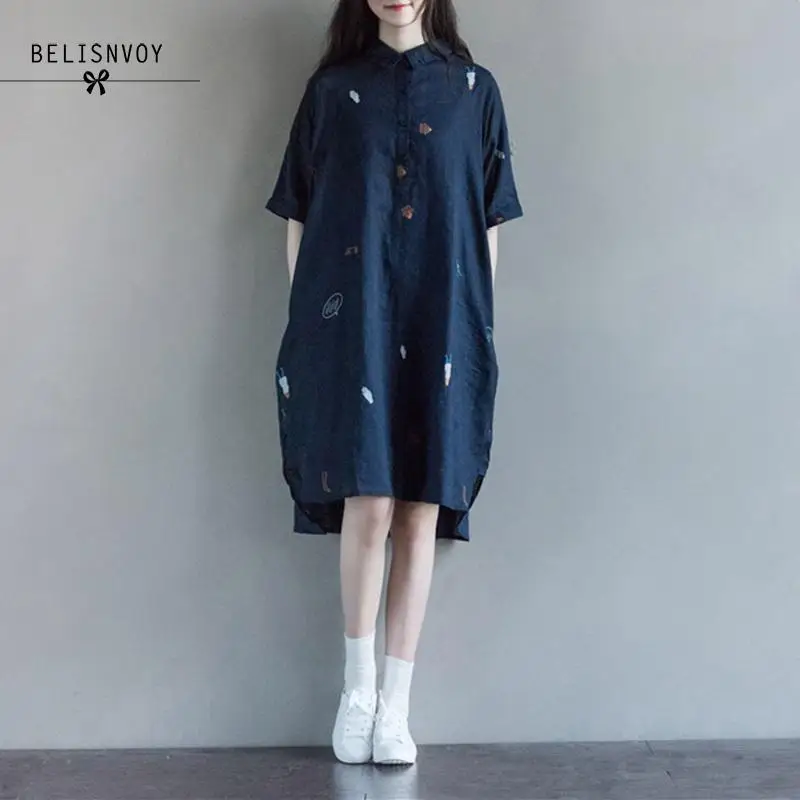 

Mori Girl Women Summer Shirt Dresses Turn-down Collar Half Sleeve Printing Blue Cotton Linen Casual Loose Vintage Dress Feminino