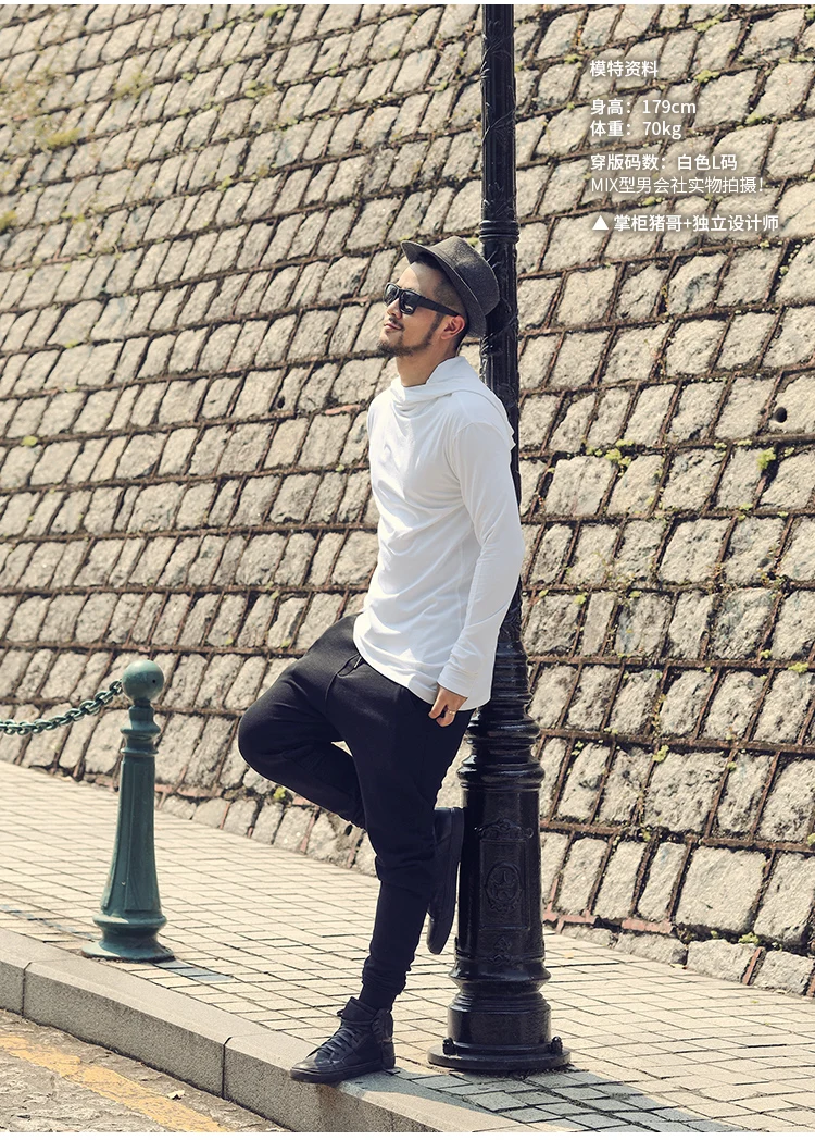 Men Autumn New European Style High Collar Long Sleeve Hooded T-shirt with Cap Men Slim Casual Cotton Irregular T-shirt T908 HTB1pVH9XvjsK1Rjy1Xaq6zispXaf - Men Autumn New European Style High Collar Long Sleeve Hooded T-shirt with Cap Men Slim Casual Cotton Irregular T-shirt T908