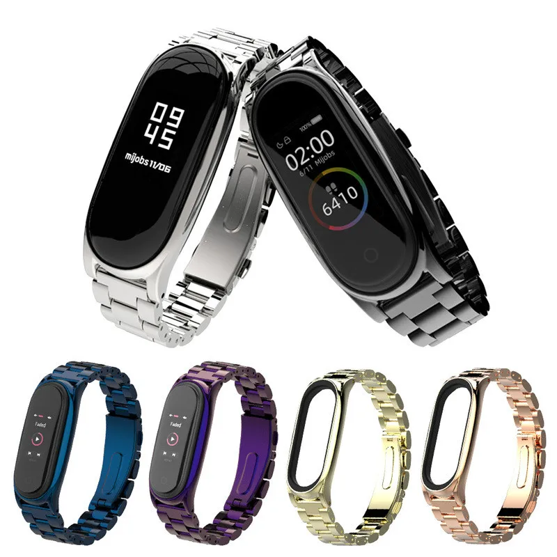 

high quality Smart Watch Strap for Xiaomi mi band 3 stainless Steel Wristband Three-bead Widening Upgrade Band Yellow Gold