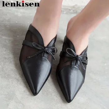 

Lenkisen elegant lady natural leather bowtie thin med heels pointed toe women sandals slip on mules plus size wedding shoes L9f6